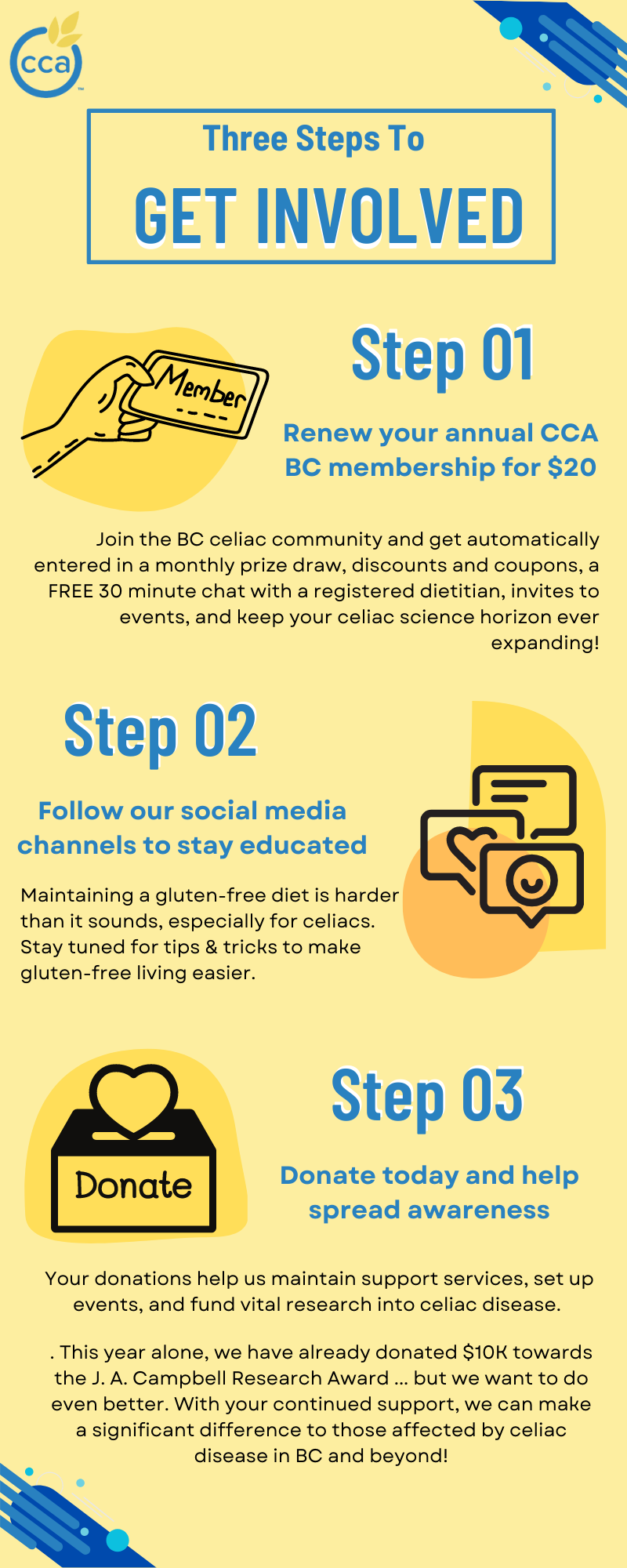 Three steps to get involved. `Step 1: Renew your annual CCA BC membership for $20. Step 2: Follow our social media channels to stay educated. Step 03: Donate today and help spread awareness.