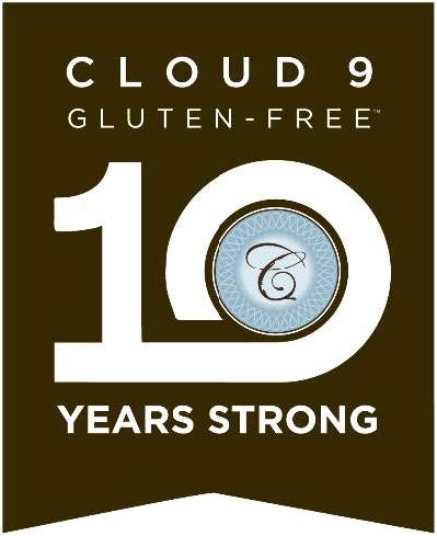 Graphic which displays the words: Cloud 9 Gluten-Free, 10 Years Strong.